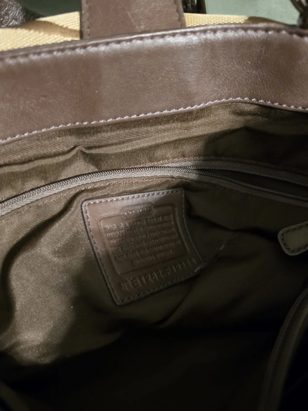Coach Tan Signature Canvas Shoulder Bag with Brown Leather Trim